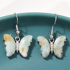 Orecchini pendenti in ottone con fiore naturale di amazzonite&nbsp;EJEW-M081-01P-06