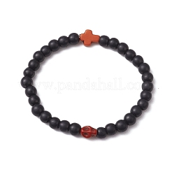 Braccialetti elasticizzati con perline rotonde da 6 mm di turchese sintetico tinto a croce con teschio di Halloween e croce&nbsp;BJEW-JB10889