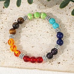 7 Chakra-Edelstein- und Legierungs-Rundperlen-Stretcharmband&nbsp;TK2195