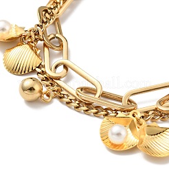 Pulsera de varios hilos con dije de bola redonda y concha de perla de plástico&nbsp;BJEW-G639-27G