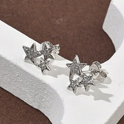 Orecchini a bottone con stella in ottone con micro pavè di zirconi trasparenti&nbsp;EJEW-F383-06P