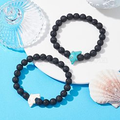 Set di braccialetti elasticizzati con delfino turchese sintetico e roccia lavica in 2 colori di 2 colori&nbsp;BJEW-JB09838