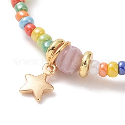 Stretch-Armband aus Saat- und Millefiori-Glasperlen mit Sternanhängern aus Messing für Damen&nbsp;BJEW-JB09355