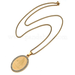 Collier avec pendentif ovale en acier inoxydable 201 avec strass et croix religieuse de la Vierge Marie&nbsp;NJEW-D089-04G
