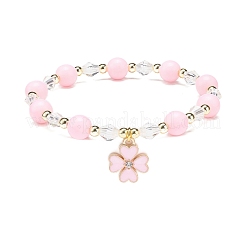 Bracciale elasticizzato con perline in acrilico rosa e ematite sintetica con ciondoli smaltati in lega da donna&nbsp;BJEW-JB08726