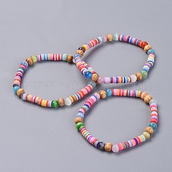 Eco-Friendly Handmade Polymer Clay Heishi Beads Stretch Bracelets, with Cat Eye Beads and Wood Beads, Mixed Color, 2-1/8 inch~2-3/8 inch(5.45~5.9cm)