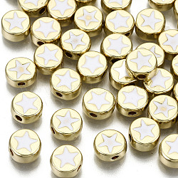 Perline smaltato in lega,  cadmio& piombo libero, piatta e rotonda con stella, oro chiaro, bianco, 8x4mm, Foro: 1.5 mm