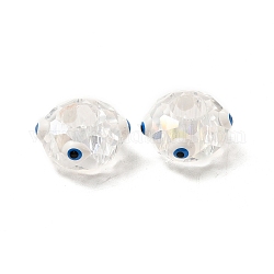 Abalorios europeos de cristal transparente, Abalorios de grande agujero, con esmalte, facetados, rondelle con patrón de mal de ojo, blanco, 14x8mm, agujero: 6 mm