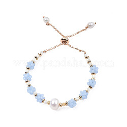 Geflochtenes Schieberarmband aus natürlichen Perlen und Glas, Perlenhäkeln verstellbares Armband für Frauen, Licht Himmel blau, Innendurchmesser: 1-3/4 Zoll (4.5 cm)