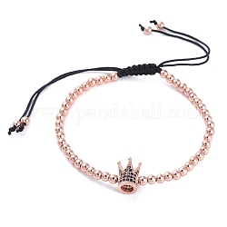 Bracelets à talons tressés, avec perles rondes en laiton et perles en zircone cubique en laiton et fil de nylon tressé, couronne, avec boîte en carton, or rose, 55~98mm
