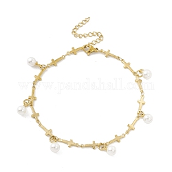 Bracelet à breloques en perles de plastique avec chaînes à maillons croisés, placage sous vide 304 bijoux en acier inoxydable pour femmes, or, 8-7/8 pouce (22.5 cm)
