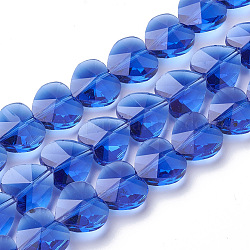 Abalorios de vidrio transparentes, facetados, corazón, azul, 14x14x8.5mm, agujero: 1 mm