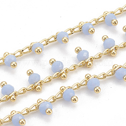Handmade Glass Beaded Chains, Soldered, with Spool, Brass Findings, Faceted, Round, Nickel Free, Real 18K Gold Plated, Light Steel Blue, 5.5mm, about 32.8 Feet(10m)/roll