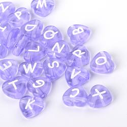 Perles de lettre à trou horizontal coeur acrylique transparent, support violet, 10.5x11.5x4.5mm, Trou: 2mm, environ 1300 pcs/500 g