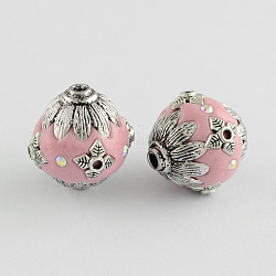 Oval Handmade Grade A Rhinestone Indonesia Beads, with Alloy Antique Silver Metal Color Cores, Pink, 20.5x18mm, Hole: 2mm