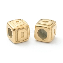 304 perline europei in acciaio inox, perline con foro grande, foro orizzontale, cubo con lettera, oro, lettera d, 8x8x8mm, Foro: 4 mm