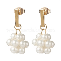 Boucles d'oreilles pendantes en forme de boule tressée avec perles de coquillage, 304 bijoux en acier inoxydable pour femme, or, 23mm, pin: 0.8 mm