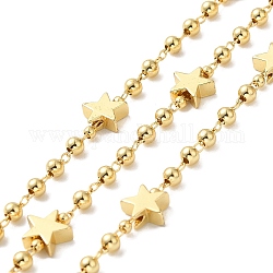 Sterngliederketten aus Messing, mit runden Wulst, mit Spule, cadmiumfrei und bleifrei, echtes 18k vergoldet, Sterne: 7x7x3 mm, Perlen: 3x4 mm