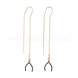 Ear Threads, with Brass Micro Pave Cubic Zirconia Pendants, Brass Stud Earring Findings and Cardboard Packing Box, Wishbone, Golden, 78mm, Pin: 0.6mm