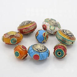 Mixed Handmade Tibetan Style Beads, Brass Findings with Sterling Silver, Beeswax, Synthetic Turquoise and Coral, Mixed Color, 17~19x17~28x17~28mm, Hole: 2mm