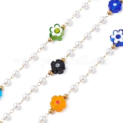 Cadenas de eslabones de 304 acero inoxidable, Con cuentas de perlas de imitación de plástico abs y flor de resina., sin soldar, colorido, 2x1.4x0.2mm