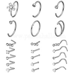 21Pcs 21 Style Clear Cubic Zirconia Flower & Flat Round & Heart Nose Studs & Rings Set, 304 Stainless Steel Nose Hoop & Fishtail & L-shape Nose Rings, Piercing Jewelry for Women, Silver, 9~9.5x5.5~9.5mm, Pin: 0.8mm, 1Pc/style
