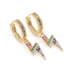 Brass Micro Pave Cubic Zirconia Huggie Hoop Earrings, Long-Lasting Plated, Lightning Bolt, Colorful, Golden, 34.5mm, Pin: 1mm