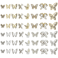 Cabujones de rhinestone de aleación de estilo chgcraft 16, accesorios de la decoración del arte del clavo, mariposa, oro y plata, 6~13x7~14.5x1~3.5mm, 48 unidades / caja