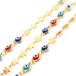 Handmade Brass Link Chains, with Round Beads, Long-Lasting Plated, Soldered, with Spool, Beads with Glass, Evil Eye Beads, Golden, 8.5x6x0.2mm