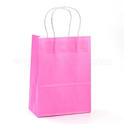 Sacs en papier kraft de couleur pure, sacs-cadeaux, sacs à provisions, avec poignées en ficelle de papier, rectangle, rose chaud, 33x26x12 cm
