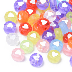 Transparent Acrylic Beads, Flat Round with White Heart, Mixed Color, 7x3.5mm, Hole: 1.8mm, about 3700pcs/500g