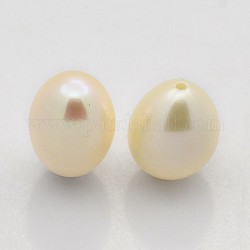 Natural Cultured Freshwater Pearl Beads, Half Drilled, Rice, Grade AAA, Beige, 9~12x8~8.5mm, Half Hole: 1mm