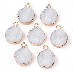 Electroplate Druzy Resin Pendants, with Iron Findings, Flat Round, Light Gold, White, 17~18x13.5x6mm, Hole: 1mm