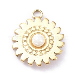 Ionenbeschichtung (IP) 304 Edelstahlanhänger, mit weißen Perlen aus Kunststoffimitat, Blume, golden, 24x20.5x6.5 mm, Bohrung: 3 mm