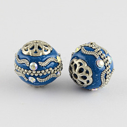 Round Handmade Grade A Rhinestone Indonesia Beads, with Alloy Antique Silver Metal Color Cores, Marine Blue, 18mm, Hole: 2mm