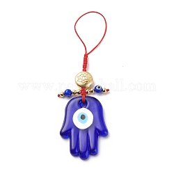 Décorations de pendentif au chalumeau mauvais œil faites à la main, avec fil de nylon tressé et perles en alliage motif lotus, Main de Bouddha, bleu moyen, 133mm