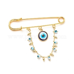 Cyan Resin Evil Eye with Brass Dangle Chain Lapel Pin, Iron Safety Pin for Women, Golden, 74x20x8mm