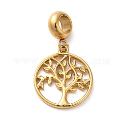 Ion Plating(IP) 304 Stainless Steel European Dangle Charms, Large Hole Pendants, Flat Round with Tree of Life Pattern, Golden, 27mm, Pendant: 18x16x1.5mm, Hole: 4.5mm