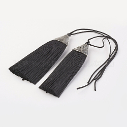Décorations de gros pendentif pompon en nylon, avec du plastique ccb, argent antique, noir, 85x20x10.5mm