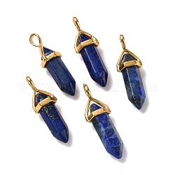 Pendentifs en lapis lazuli naturel, facette, avec les accessoires en laiton de tonalité d'or, sans plomb et sans cadmium, teinte, balle, 27~30x9~10x7~8mm, Trou: 4x3mm