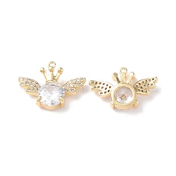 Brass Micro Pave Cubic Zirconia Pendants, Wing with Crown, Real 18K Gold Plated, 13x18x5mm, Hole: 0.9mm