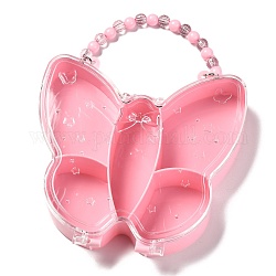 Boîtes à bijoux en plastique papillon, 5 grilles avec poignée en perles plastiques, couverture transparente, rose, 15x15.1x3.05 cm, 5 compartiments / boîte