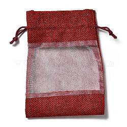 Sacchetti di lino, borse coulisse, con finestre in organza, rettangolo, rosso scuro, 14x10x0.5cm