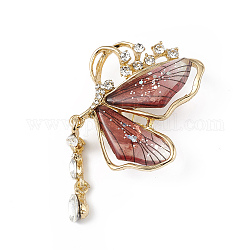 Broche de mariposa de resina con rhinestone de cristal, insignia de aleación de oro claro para mujer, piel roja, 68.5x38.5x13mm, pin: 0.8 mm