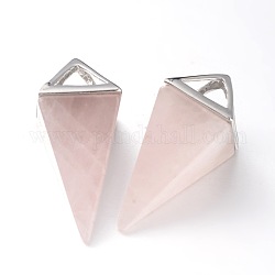 Rose naturelle pendentifs point de quartz de pendule, avec les accessoires en laiton plaqués de platine, 30~34x15x15mm, Trou: 5x6mm