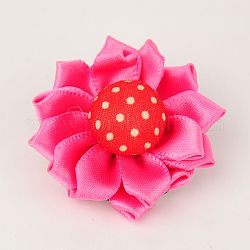Handmade Ribbon Flower Safety Brooches, with Iron Round Basic Brooch Pins, Hot Pink, 38mm