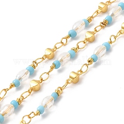 Chaînes de perles de verre ovales faites à la main, véritables chaînes à maillons en laiton plaqué 18k or véritable, soudé, avec bobine, sans cadmium et sans plomb, lumière bleu ciel, lien: 8.5x3.5x3 mm, perle de verre: 18~19x4 mm