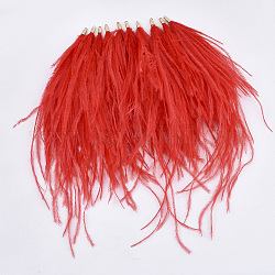 Nappine di piume di struzzo grandi decorazioni pendente, con accessori di ottone, oro, rosso, 130~170x4mm, Foro: 1.6 mm