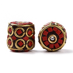 Perline  indonesia fatto a mano, con reperti in ottone e resina, oro antico, colonna, rosso, 14x14mm, Foro: 1.8 mm