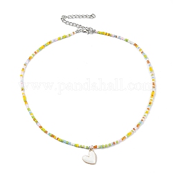 Collier de charme de coeur d'émail d'alliage, collier de perles de rocaille de verre pour femme, colorées, 17.13 pouce (43.5 cm)